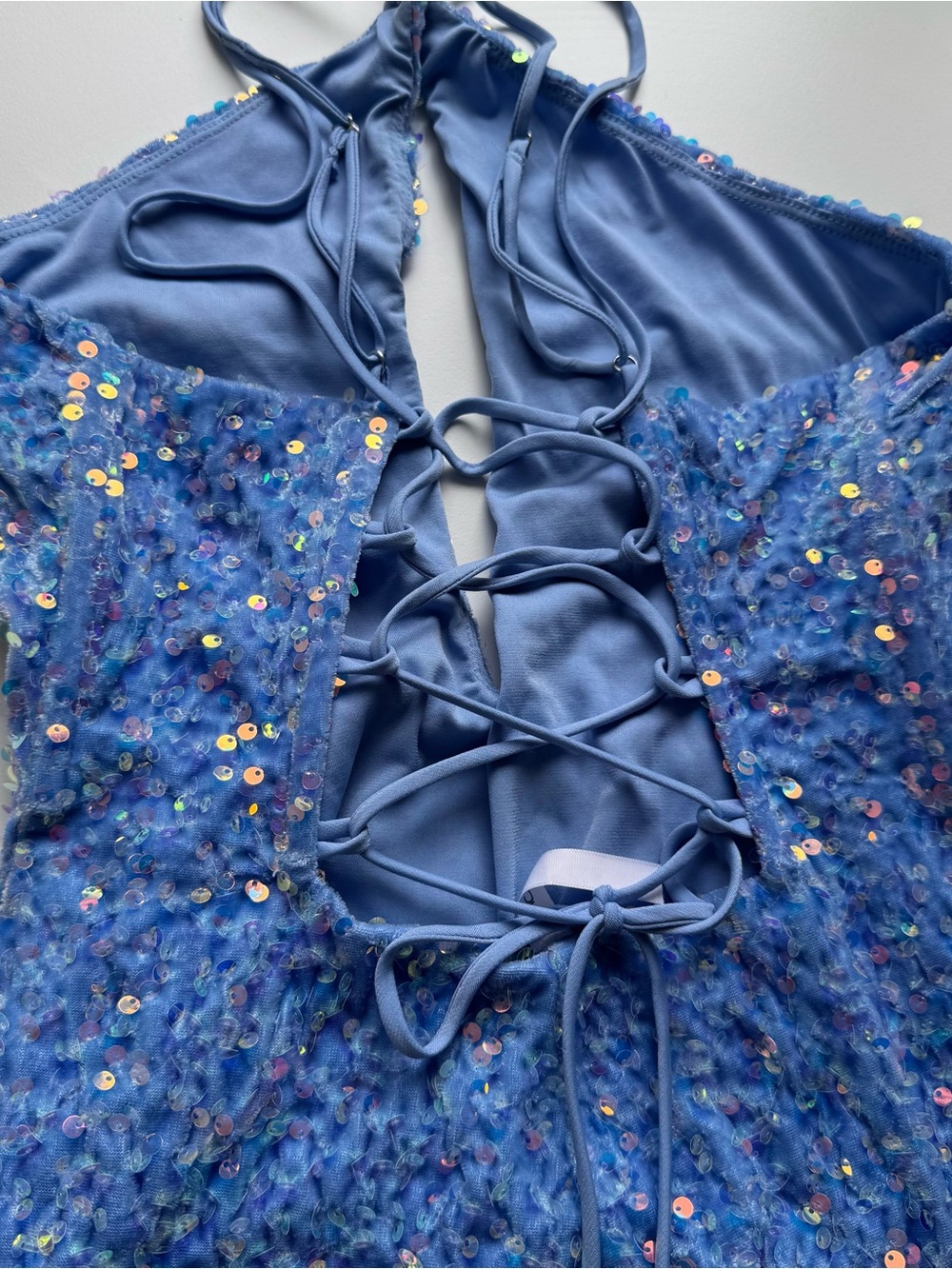 Lucy in the Sky Iridescent Light Blue Sequin Halter mini dress - Picture 5 of 11